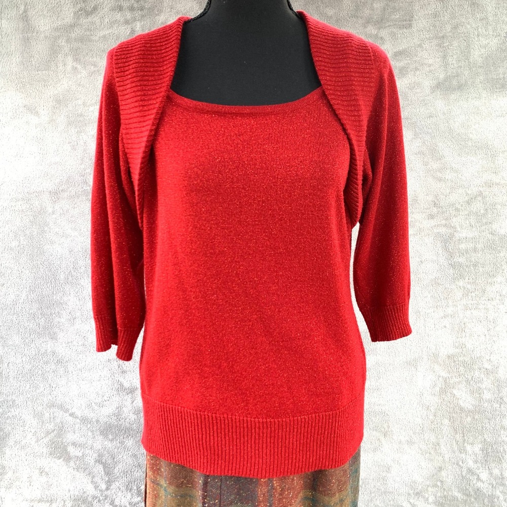 Red Metallic Knit Sweater Tank & Shrug Set | Lurex Holiday Party Twinset M L - Picture 2 of 12